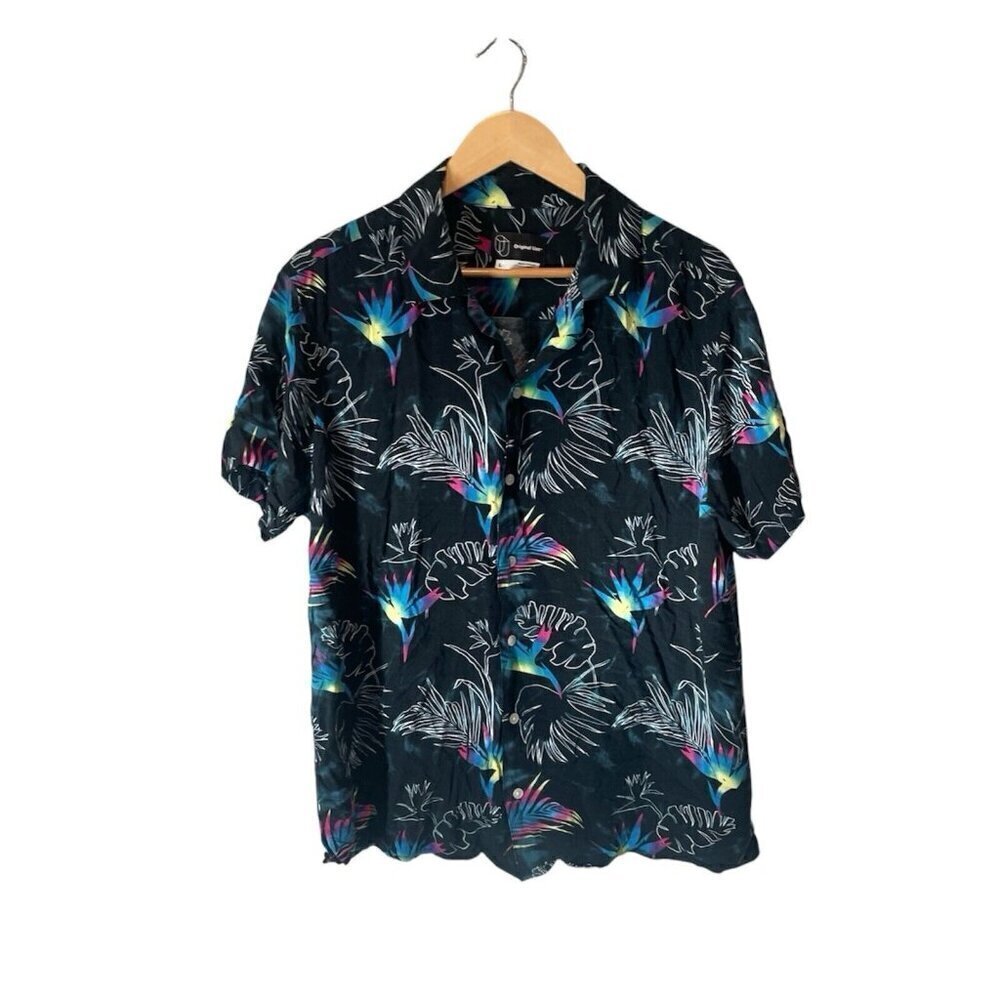 Hawaiian Button Down Aloha Floral Shirt Men L Original Use Black Rayon